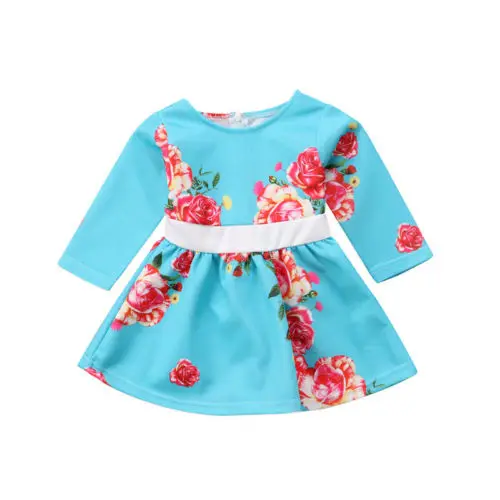 Cute Toddler Kids Baby Girls Dresses Floral print cotton Formal clothes Party Outfits long sleeve belt blue Dress for baby girls