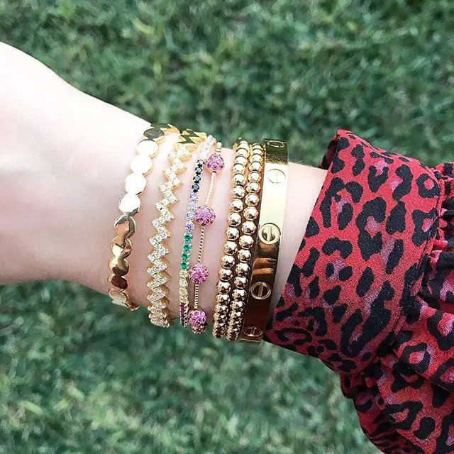 

Gold color open adjust bangles for elegant girl women slider box chain wave bar micro pave cz high quality fashion bracelet 2019