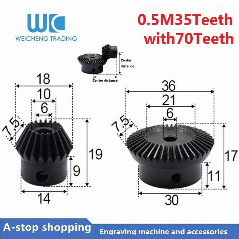

2pcs 1:2 Bevel Gear 0.5Modulus 35 Teeth + 70teeth Inner Hole 6mm 90 Degree Drive Commutation Steel Gears Steel Gears Screw M5