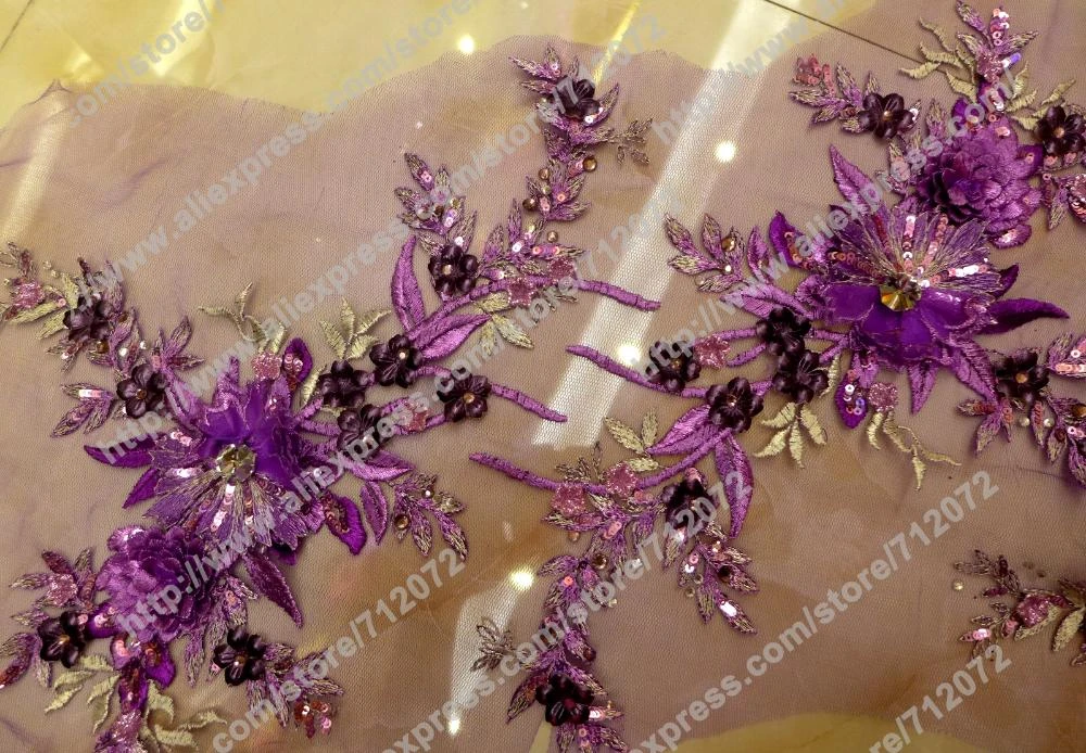 Tela de vestido hecha a mano de flores púrpuras 3D, con cuentas de lentejuelas en