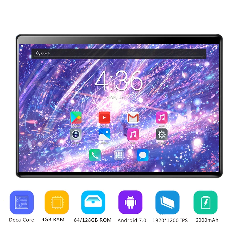Новейший Android 7,0 Deca Core 10 дюймов планшетный ПК 4 Гб ОЗУ 64 Гб ПЗУ 8 Мп wifi gps 4G LTE 2.5D Закаленное стекло IP 1920X1200 экран