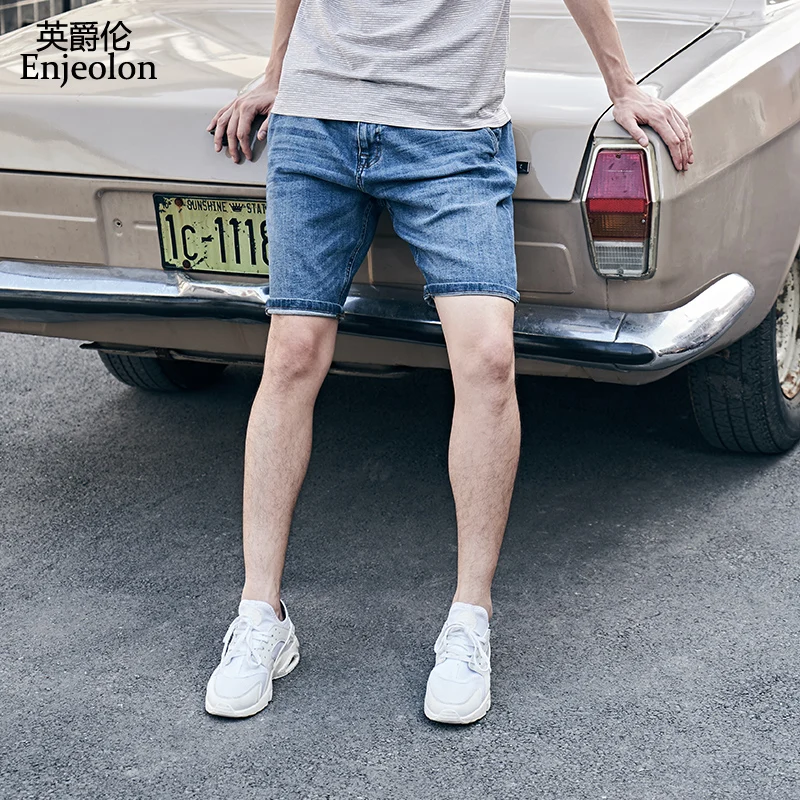 

Enjeolon Men Summer New Arrival Leisure Jean Shorts Stretch Denim Jeans Knee Length Shorts Light Blue Wash Style NZ079