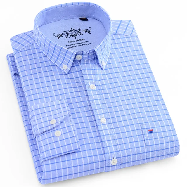 Мужская оксфордская клетчатая рубашка с длинными рукавами с накладным нагрудным карманом, повседневные клетчатые/полосатые рубашки на пуговицах - Цвет: 1016-25