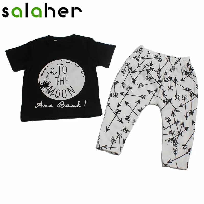 Salaher Moon arrow 2017 Autumn and summer Baby Boy Clothes Short sleeve Letter Print T-shirt+Pants Kids Clothing Sets | Детская одежда
