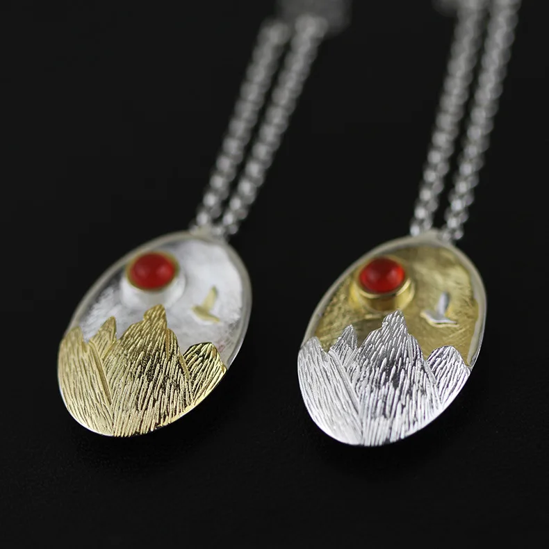 Oriental landscape silver pendant with bird and sunset above mountain inlaid red agate two tone color hand made jewelry