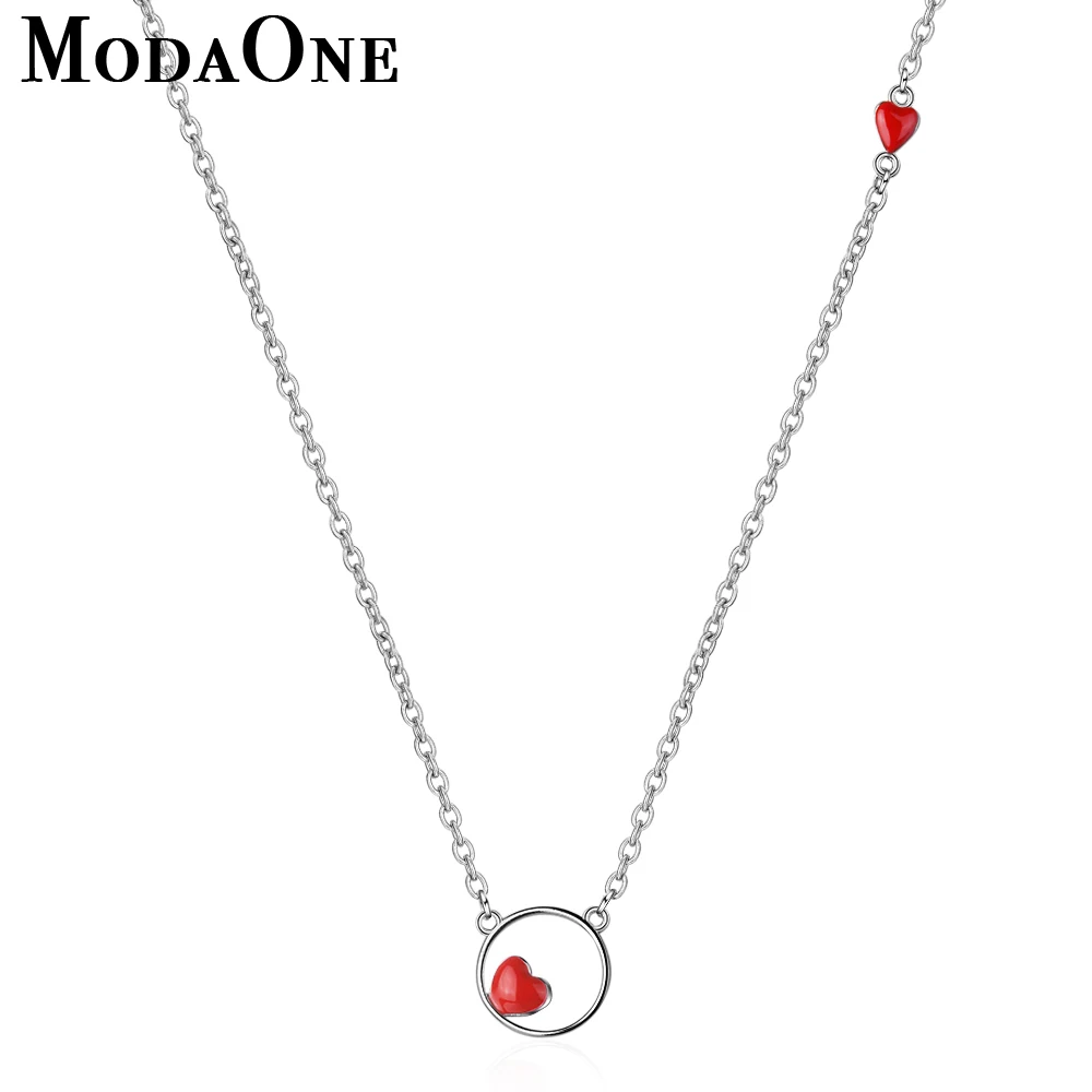 

ModaOne Red Heart Round Sterling Silver Necklace For Women Hot Sale Korean Fashion Pendant Necklace Chain Jewelry