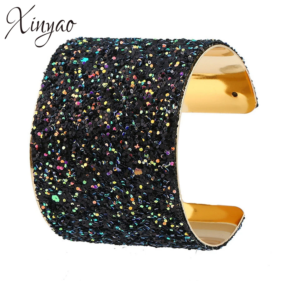 

XINYAO Black Gold Color 50mm Wide Alloy Cuff Bracelet Bangles For Women Men Fashion Jewelry Opening Shiny Bling Bangles 2018