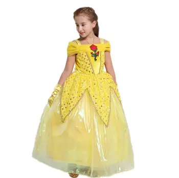 

2019 Beauty And The Beast Princess Costume Spring Autumn Girl Dress Yellow Princess Belle Dresses for Girls Party Costume Set