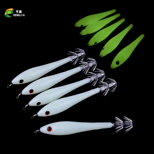 

HENGJIA 5pcs/lot Fluorescent Squid Cuttlefish Sleeve Jig Fishing Lure Bait Head Hooks Fishing hook