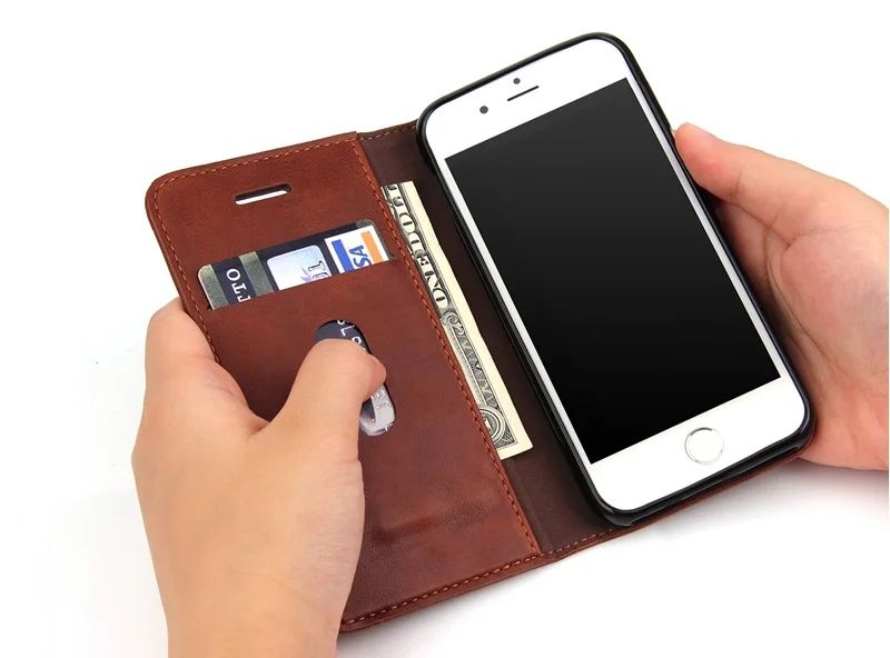 dark brown genuine leather flip cover case for iPhone 5 5s se cell phone luxury card wallet cover case