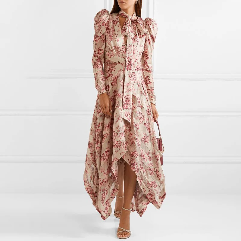 

2019 autumn high quality Irregular floral printed long women dresses runway design deep v neck maxi dress for woman