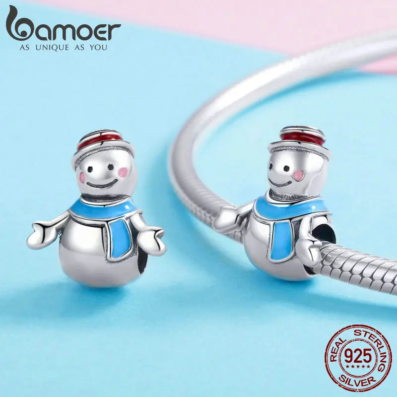 Подвески BAMOER Miss & Mr Snowman из настоящего серебра с эмалью подходящие для браслетов и