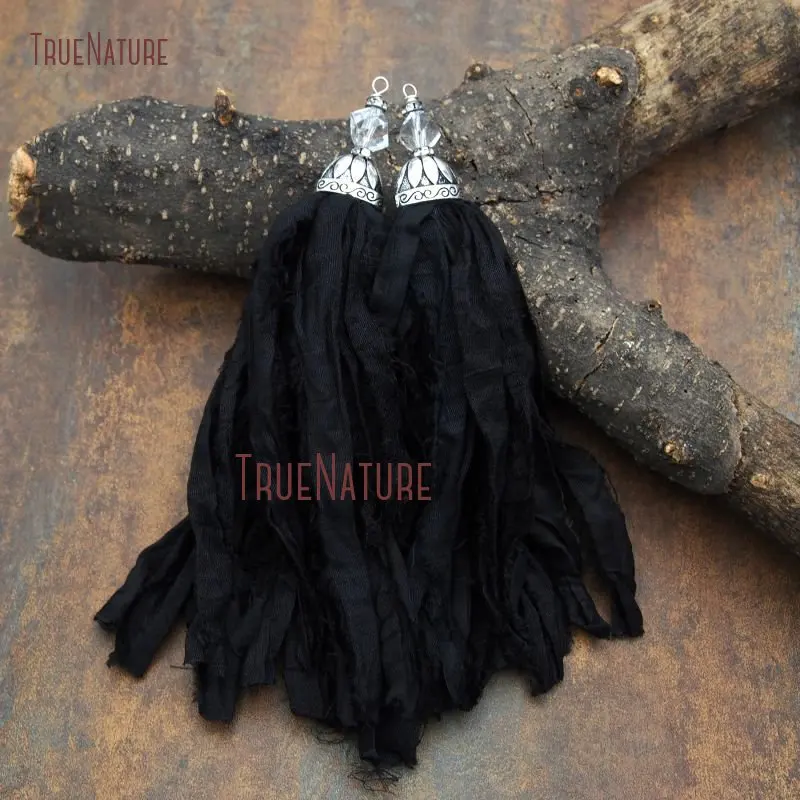 20171116-PT7909- Black Sari Silk Tassel Antique Silver-6.8inch-13.5g_3