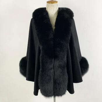 

2019 BFFUR Woolen Blends Drawstring Classic Black Luxury Fox Fur Wrap Women's Cape With Genuine Fox Fur Collar Trim Shawl