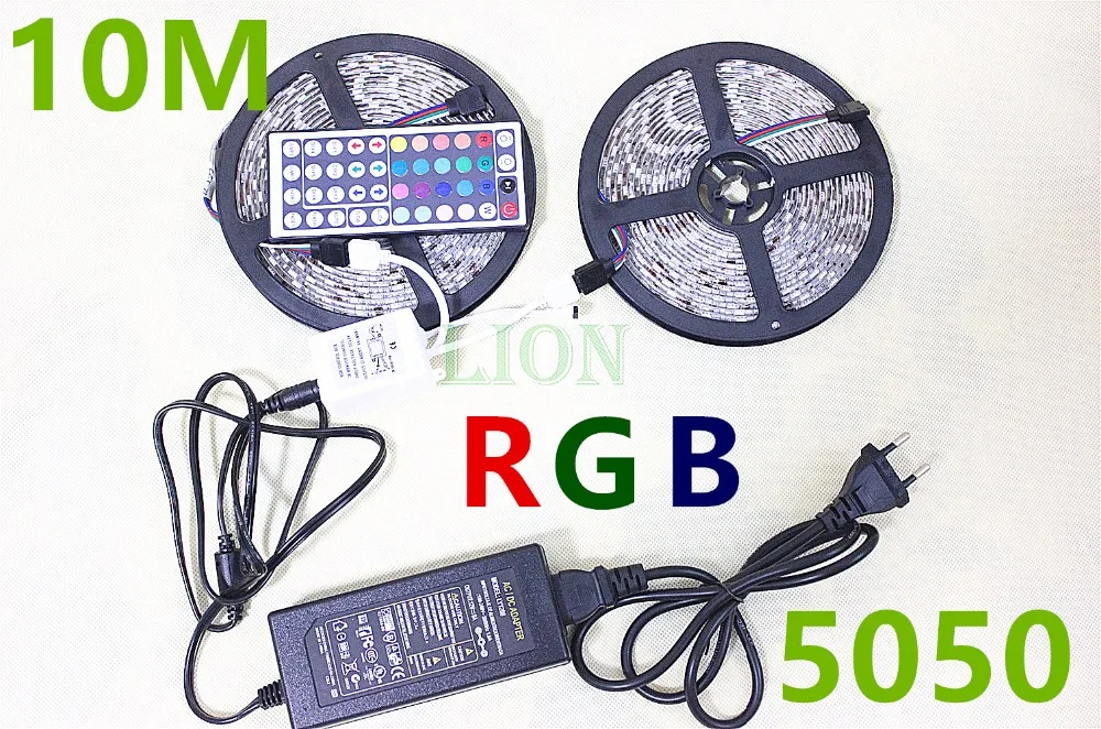 #Best 10M RGB Led Strip 5050 Waterproof IP20 65 60LED M DC12V LED Strip Light 300 LEDs+44 Keys Remote Controller+12V 8A Power Adapter
