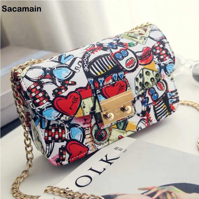 Sacamain 2017 Summer Graffiti Mini Women Messenger Bags Chain Purses
