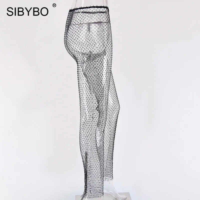 Sibybo, блестящие, алмазные, сексуальные штаны для женщин, высокая талия, открытые, летние, женские брюки, пляжные, повседневные, узкие брюки