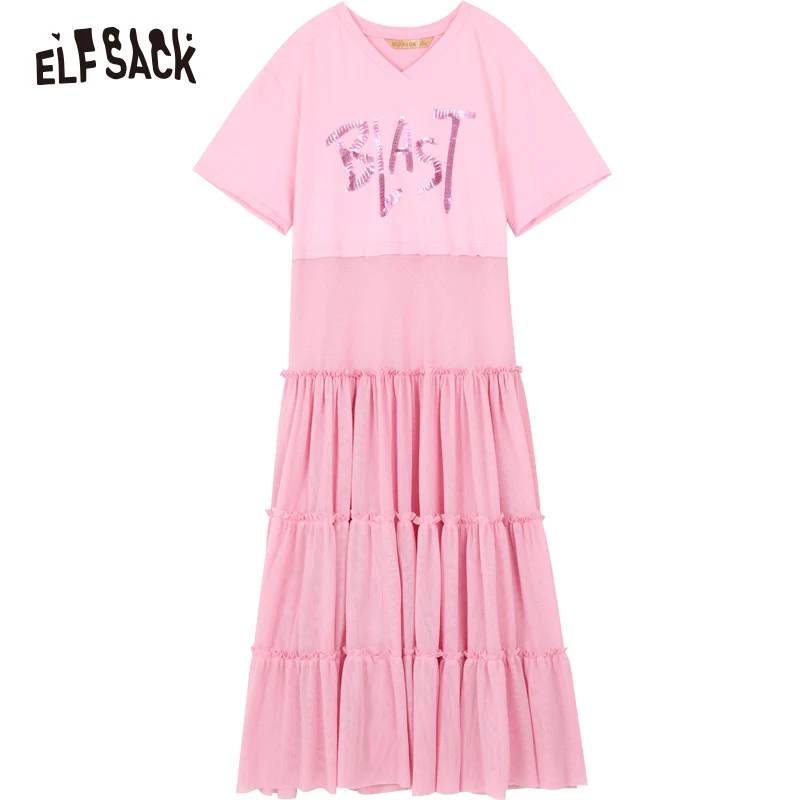 ELFSACK, летние хлопковые свободные женские платья, модное женское платье с v-образным вырезом и буквенным принтом, милые розовые повседневные женские вечерние платья трапециевидной формы - Цвет: Розовый