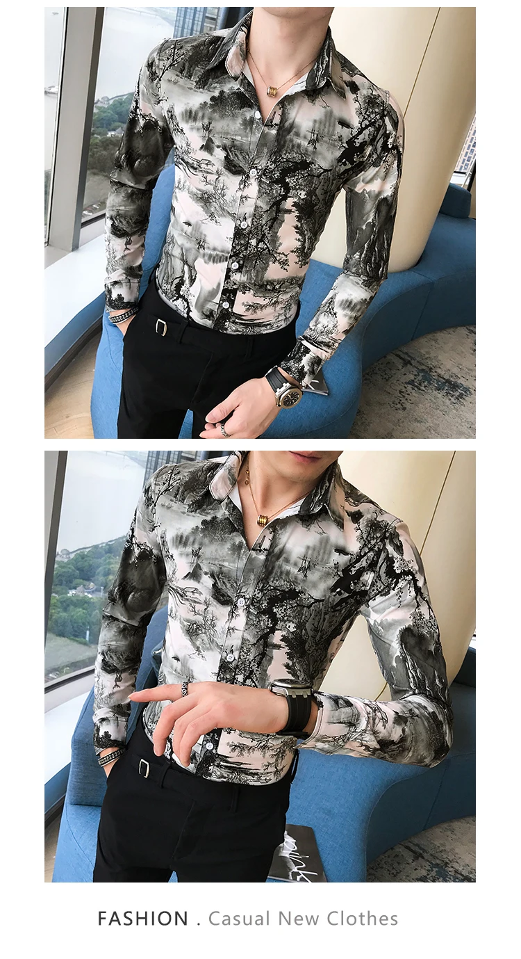 Китай Стиль Slim Fit Мужская рубашка бренд с длинным рукавом печати мужские повседневные рубашки ночной клуб Вечерние Выпускные платья