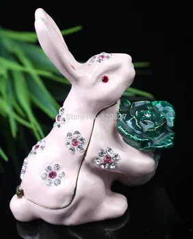 Rabbit Trinkets Pewter Rhinestone Rabbit Metal Jewelry Box Lovely Animal Style Rabbit Shape Jeweled Trinket Box Gift Jewelry Box