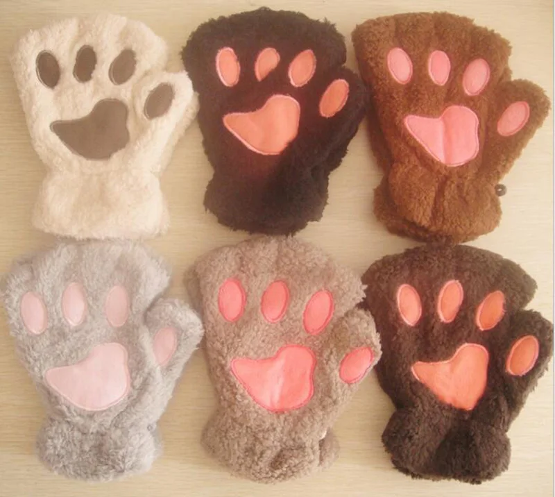 Winter cute cartoon cat girl mitt thickening fluff bear paw half finger gloves G22