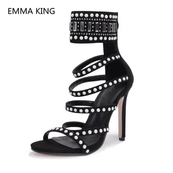 

White Pearls Crystal Studs Women Gladiator Sandals Open Toe Elegant Ladies Party Shoes Woman Thin High Heel Summer Roman Sandals