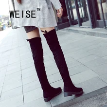 Femme Daim Noir Sur Le Genou Bottes D’hiver Chaud Bottes À Talons Bas Mode Bottes Cuissardes Bottes Taille 35-40