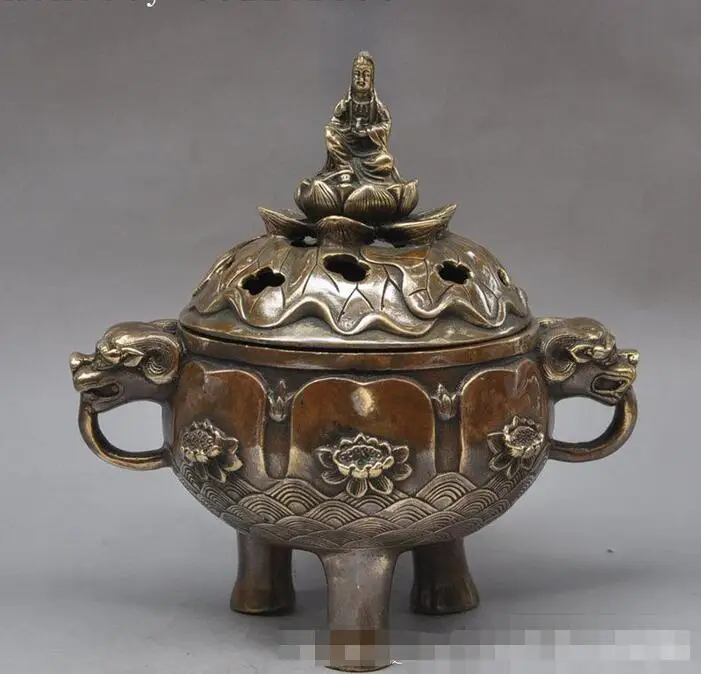 

8"chinese buddhism bronze Kwan-Yin beast head statue lotus incense burner Censer