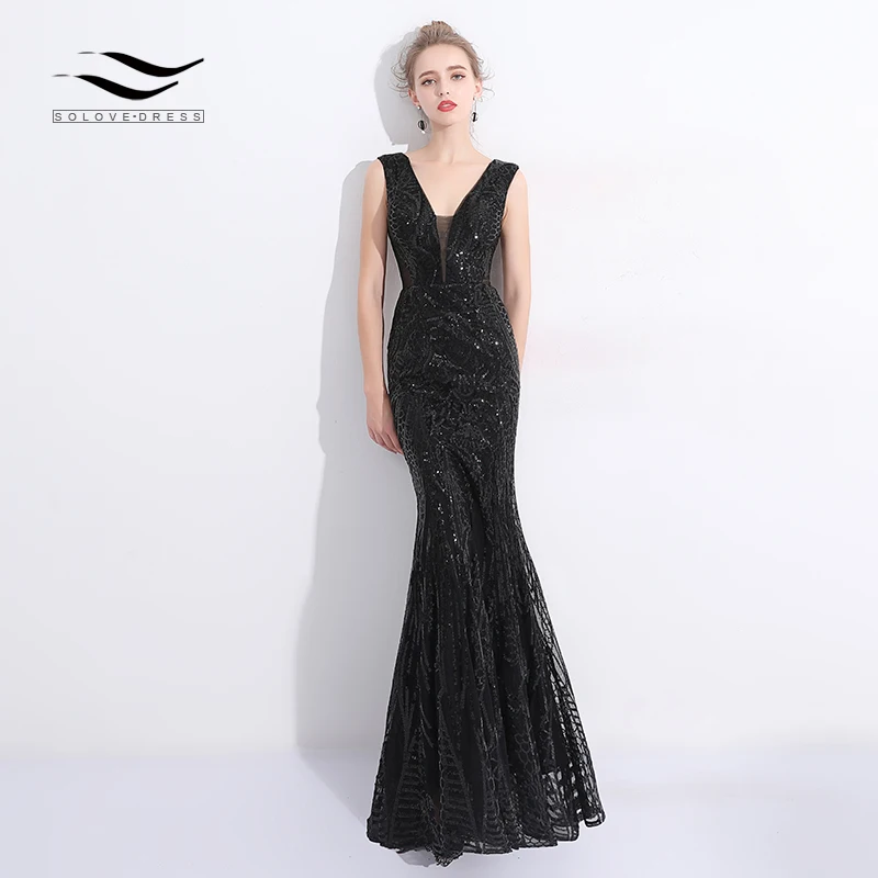 Solovedress сексуальное платье из ткани с v-образным вырезом и блестками, длинное вечернее платье русалки, Черное женское вечернее платье vestido de fiesta SLD-SLP9001