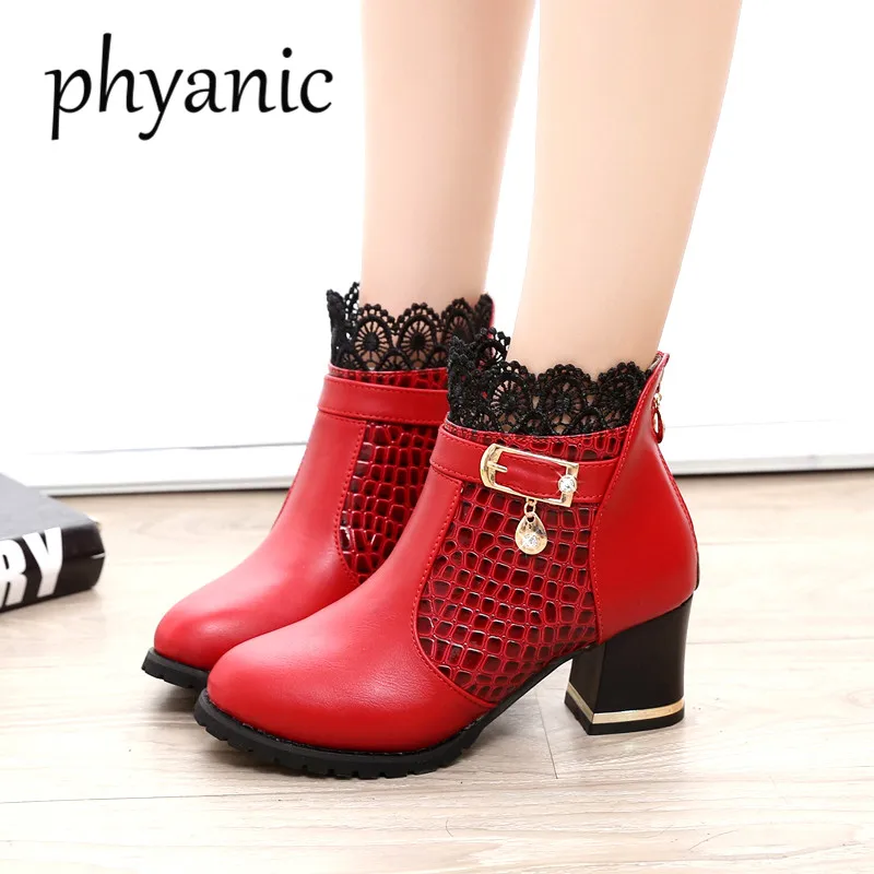 

Phyanic Women Boots 2018 Autumn Ankle Boots Leather martin boots Women Shoes zipper Winter Thick High Square heels Shoes On Sale