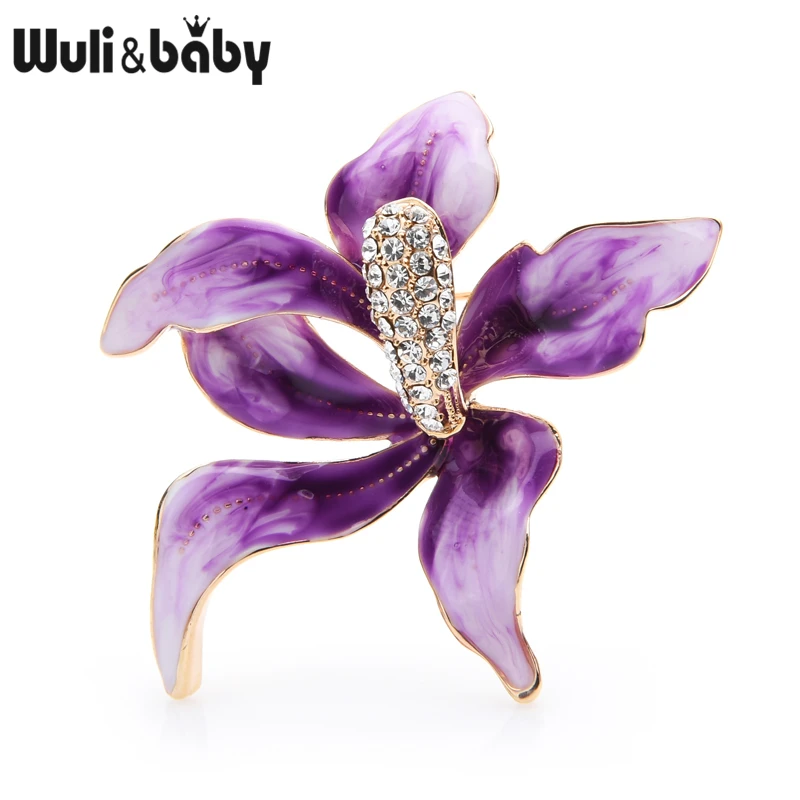 

Wuli&baby Big Purple Enamel Orchid Flower Brooches Women Alloy Czech Rhinestone Luxury Flower Weddings Brooch Pins Gifts
