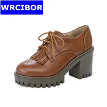 Size 33-43 NEW 2017 Women’s Shoes PU leather Round toe High-heeled shoes Lady Fashion Tassel Brogue style Square heel High Heels