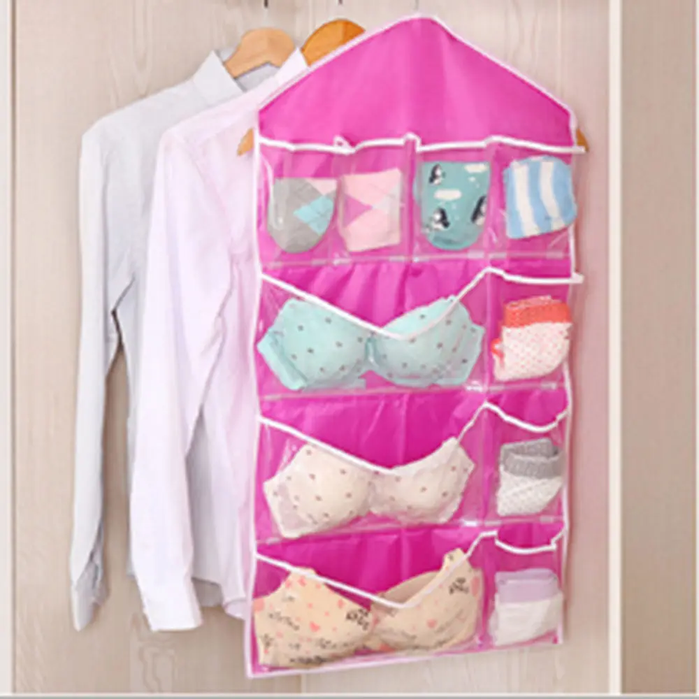 16 карманная Толстая многофункциональная прозрачная Одежда Носки сумка для белья Сортировка сумка для хранения дверной настенный шкаф Органайзер сумки - Цвет: Розовый