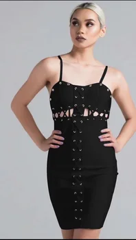 

High Quality Sexy Hollow Out Black Rayon Bandage Dress 2019 Knitted Elastic Elegant Party Dress