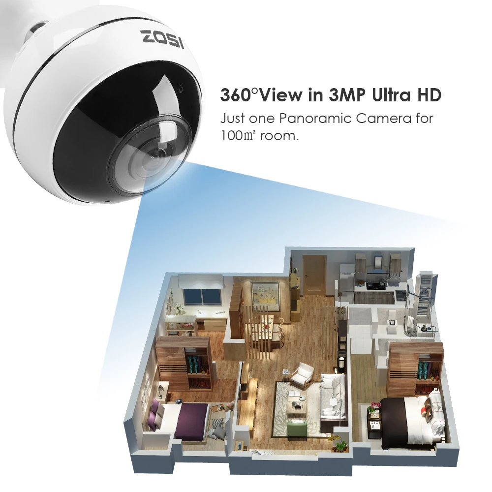  ZOSI Wireless IP Camera WiFi Panoramic Fisheye Video Surveillance Camera 3MP Ultra HD 360 Full Degr