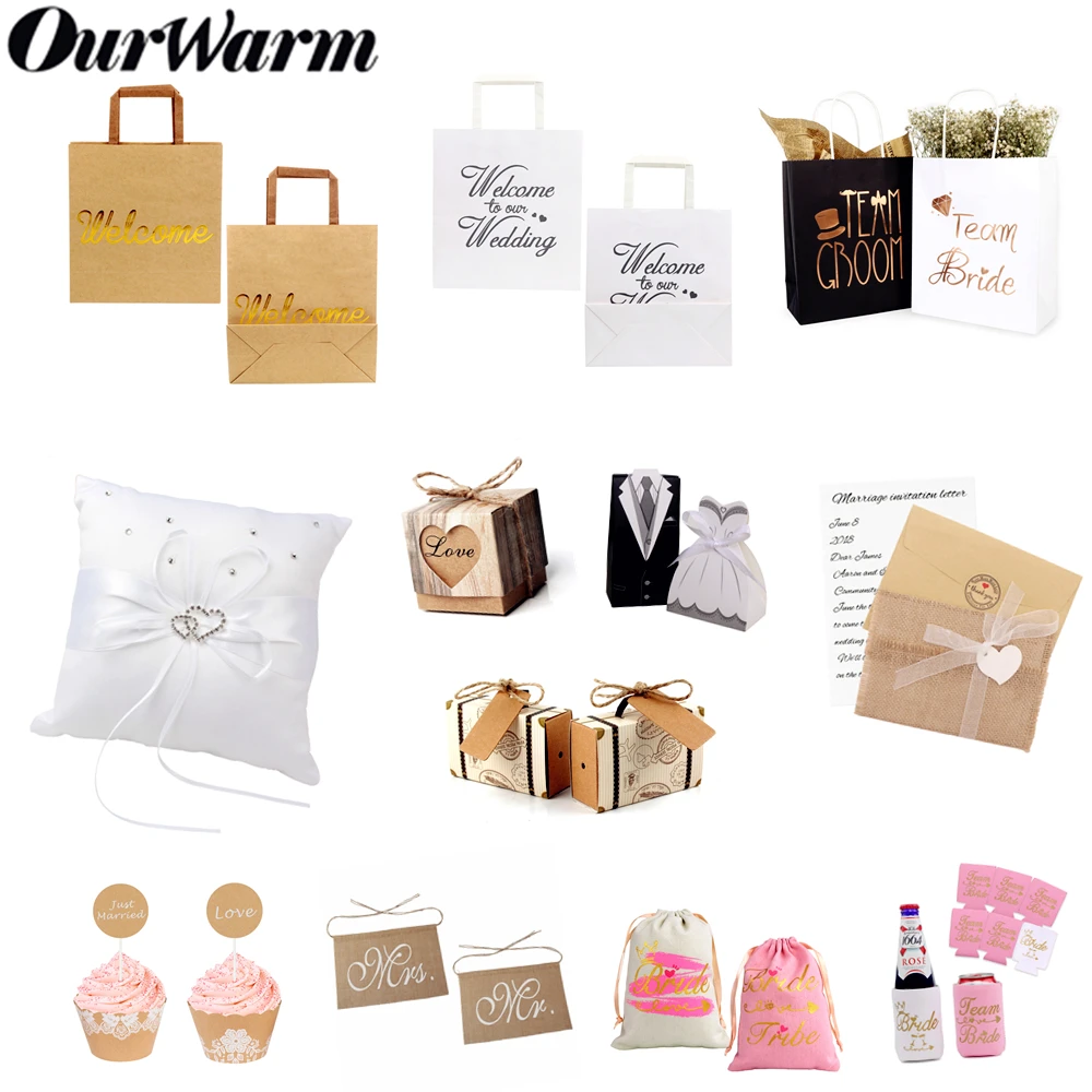 

OurWarm Wedding Bride Party Favors Paper Gift Box Bag Invitation Card Ring Pillow Rustic Groomsmen Marriage Party decoration