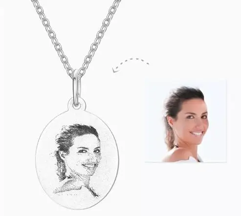 Engraved Oval Shadow Carving Photo Necklace Silver
