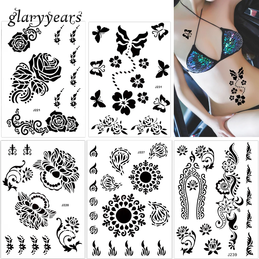 glaryyears 1 Piece Fake Black Henna Rose Flower Lace Tattoo Temporary Waterproof Body Art Sticker Butterfly Jewelry Chain | Красота и