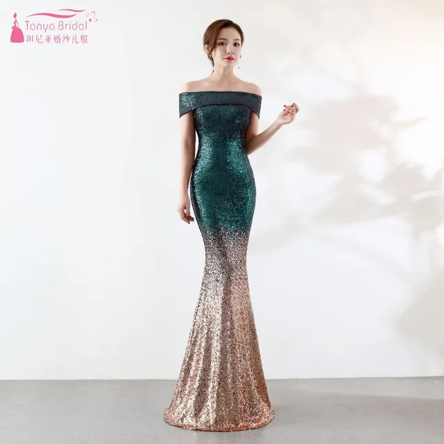 Boat Neck Off The Shoulder Long Sequin Bridesmaid Dresses