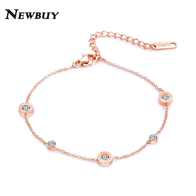 

NEWBUY High Quality Stainless Steel Classic Roman numerals Design Women Anklets Rose Gold Color Ankle Bracelet bijoux coquillage
