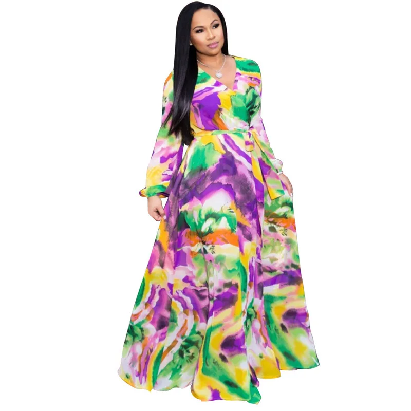 

printed chiffon dress stitching irregular sexy V-neck long-sleeved large size dress beach long dress with belt