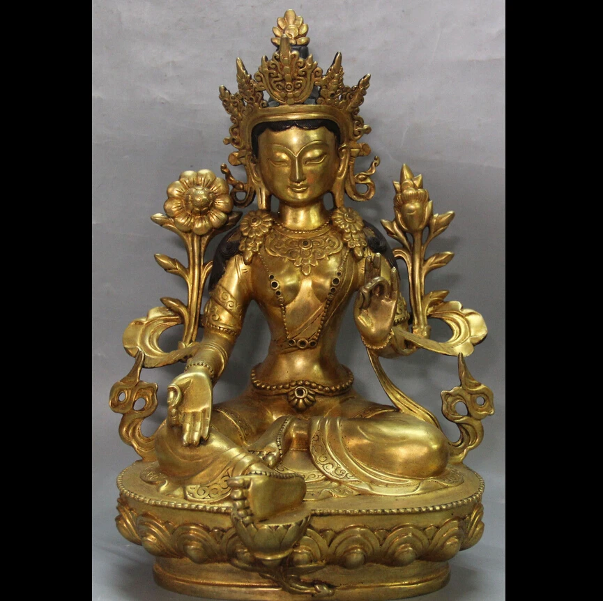 

wan67104012+++12" Marked Chinese Bronze Seat Lotus Green Tara Buddha Statue