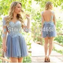 2014 Vestido De Fiesta Charming Besondere Anlässe Baby Blau Mini Kurze Spitze Ballkleider Cocktailkleider Mit Langen Ärmeln F & M1018
