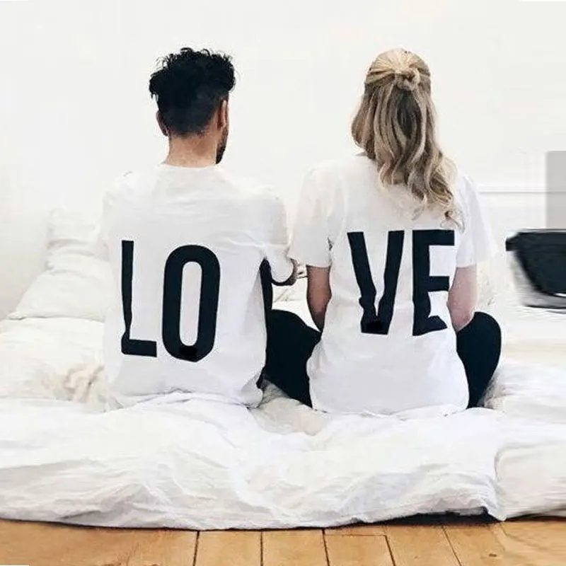 LO VE Letter Print Lover T Shirt 2018 Valentine Couple Matching Clothes Women Men Funny Cotton Comfort T-shirt Top Tee for Loved