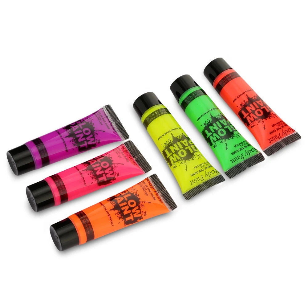 Cena 6 kolorów Neon fluorescencyjne UV malowania ciała 24 sztuk zestaw malowanie twarzy Luminous farby akrylowe sztuki na imprezę Halloween makijaż