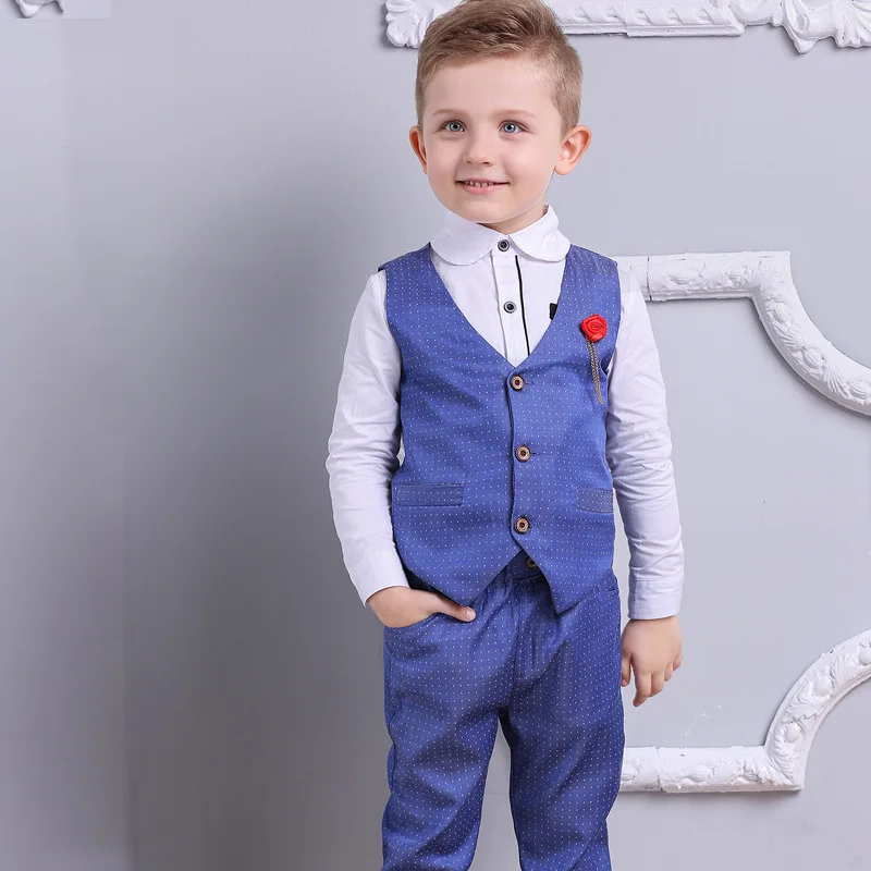 Детский костюм для мальчиков, Красивый хлопковый костюм джентльмена из трех предметов, рубашка с отложным воротником, жилет с принтом в