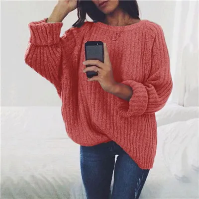 Женские свободные свитера большого размера, осенне-зимние однотонные пуловеры с расклешенными рукавами, джемперы для женщин, Повседневные вязаные свитера, пуловеры - Цвет: Red