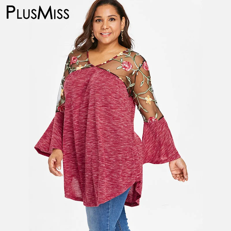 Ceny PlusMiss Plus Rozmiar Oczek Koronki Hafty Luźna Bluzka XXL Kobiety Jesień XXXL Boho Bell Rękawem Flary Długi Topy XXXXL Duży rozmiar 5XL