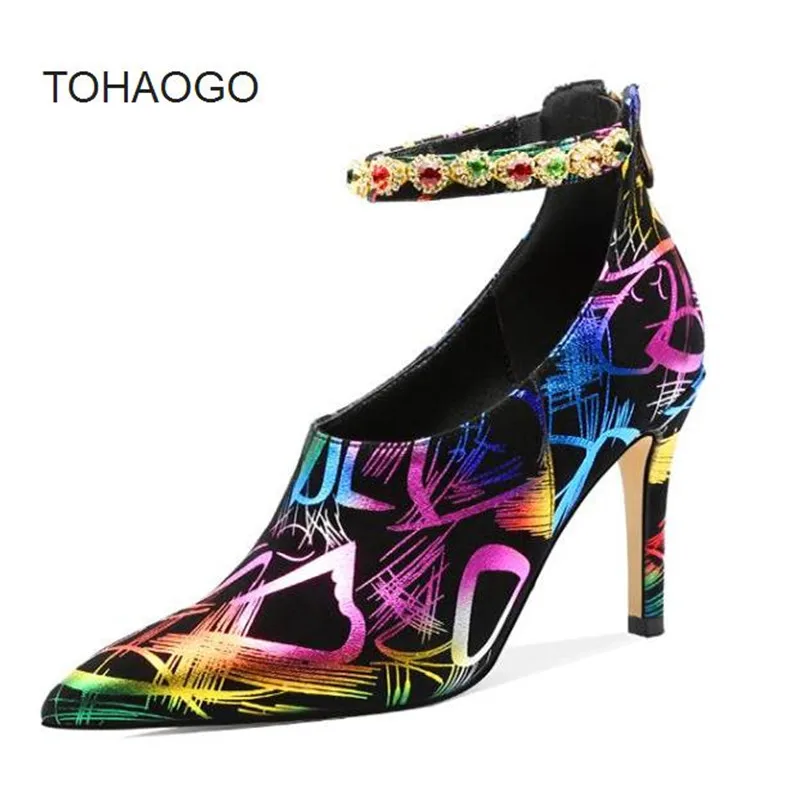 

High heels fashion sexy rhinestone graffiti sheepskin stiletto print tip head women's shoes Heels women pumps Tacones Mujer