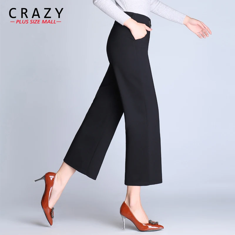 

2019 Spring Autumn Women Plus Size Wide Leg Pants Ankle Length 9XL 7XL 5XL High Waist Elastic Loose Pants Black Trousers 1772